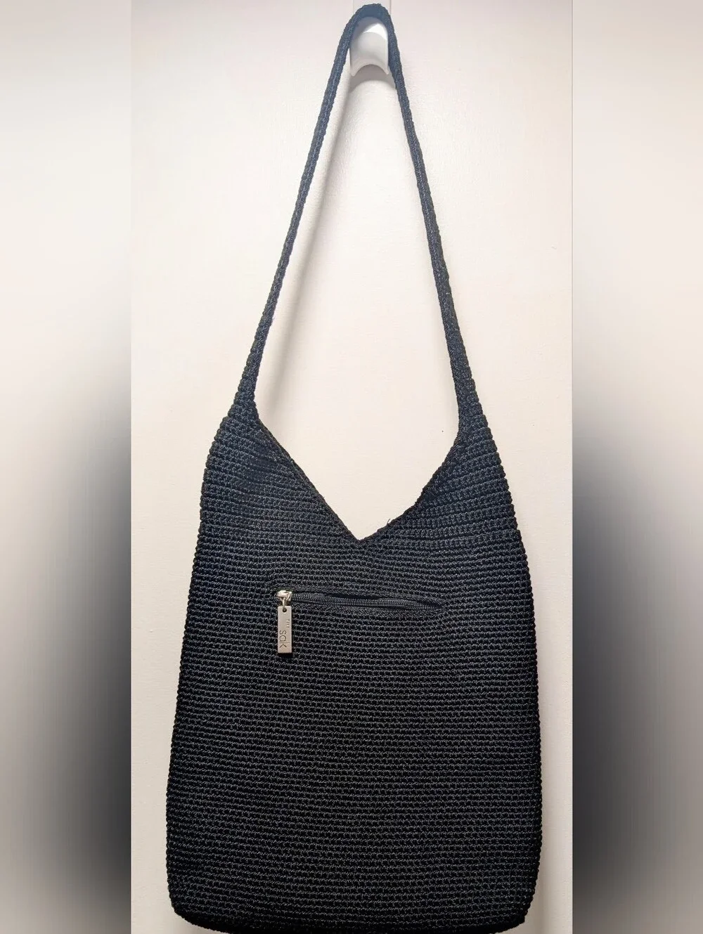 Vintage The Sak Sustainable Black Crochet Tight Weave Hobo Style, Zipper, Lined